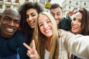 a group of people smiling